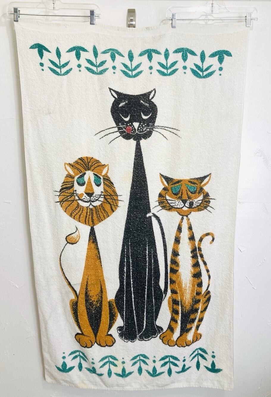 Vintage 1950s 60 Cannon Terry Beach Towel Tiger Pop Art Lion Graphic Black Cat O